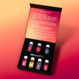 Coffret Fruité ouvert avec arômes fraise, framboise, myrtille, citron, pêche, pastèque et raisin